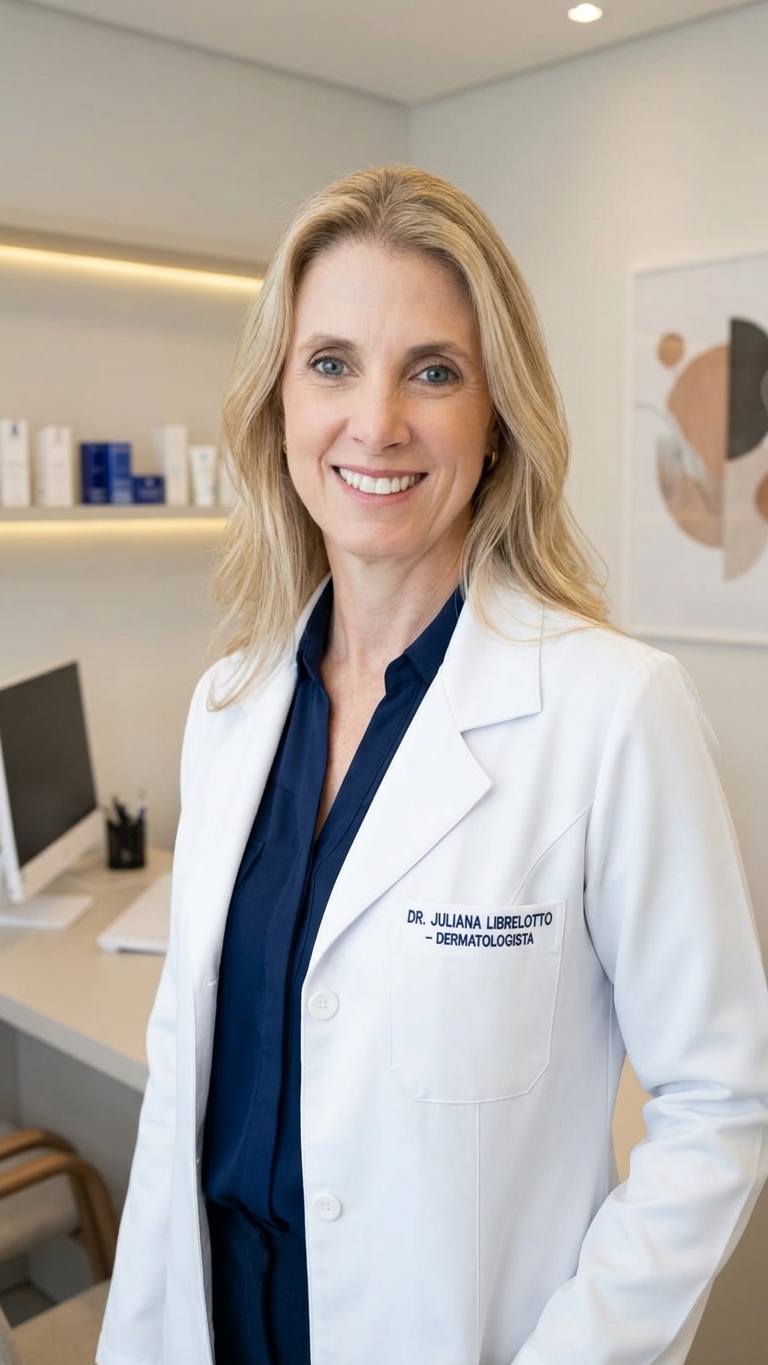 Dra. Juliana Librelotto da Rosa em seu consultório de dermatologia
